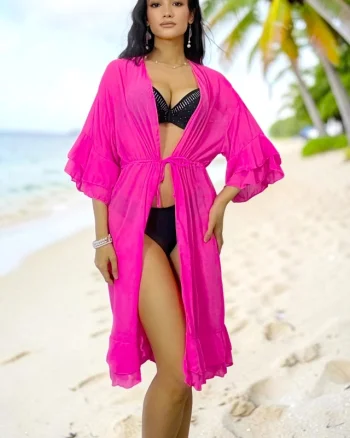 Rochie midi de plaja Amber Muse, cu volane feminine si snur reglabil, Fucsia