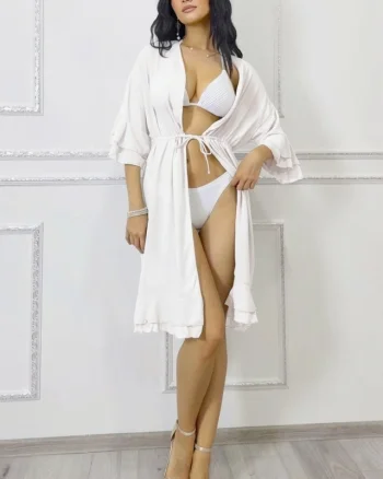 Cardigan midi de plaja Amber Muse, cu volane si snur reglabil, Alb