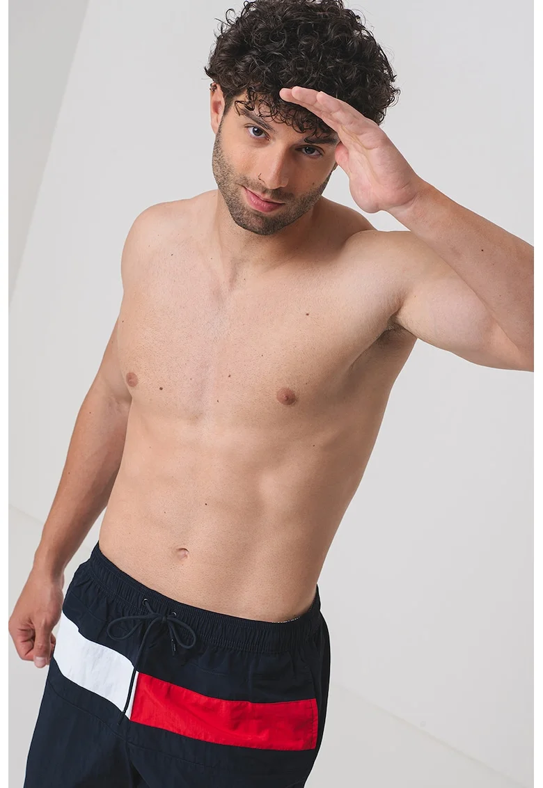 Pantaloni scurti de baie cu logo si snur in talie, Rosu/Negru/Alb murdar