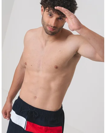 Pantaloni scurti de baie cu logo si snur in talie, Rosu/Negru/Alb murdar