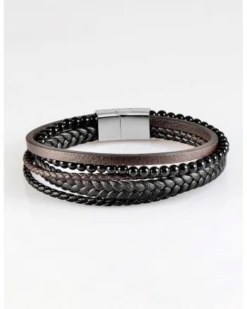 Bratara cu siraguri multiple din piele si margele din onix, Negru/Maro