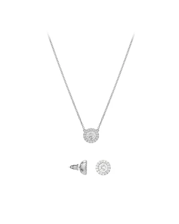 Set de colier si cercei placat cu rodiu, cu cristale de zirconia, Alb/Argintiu