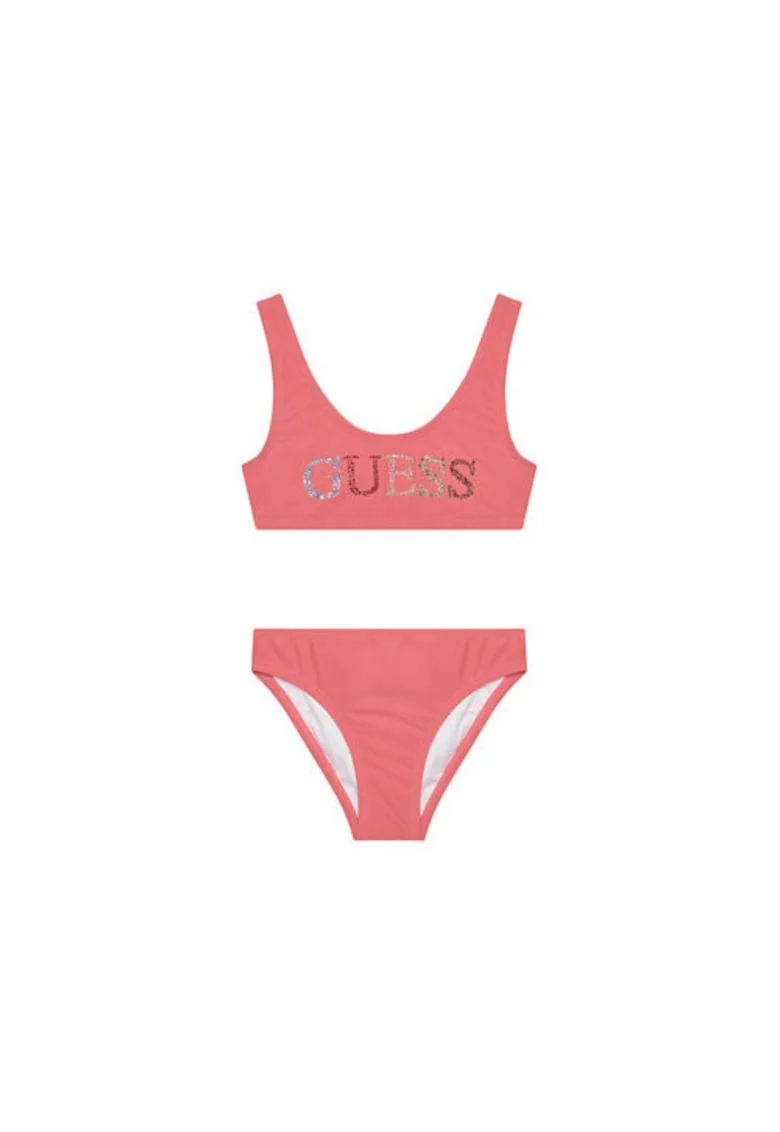 Costum de baie din doua piese cu logo, Roz somon