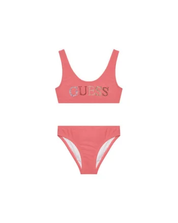 Costum de baie din doua piese cu logo, Roz somon