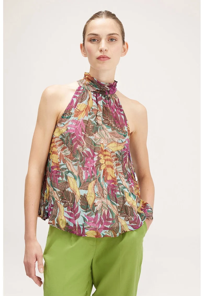 Bluza cu model floral si decolteu american, Verde/Violet prafuit/Galben mustar
