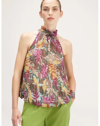 Bluza cu model floral si decolteu american, Verde/Violet prafuit/Galben mustar