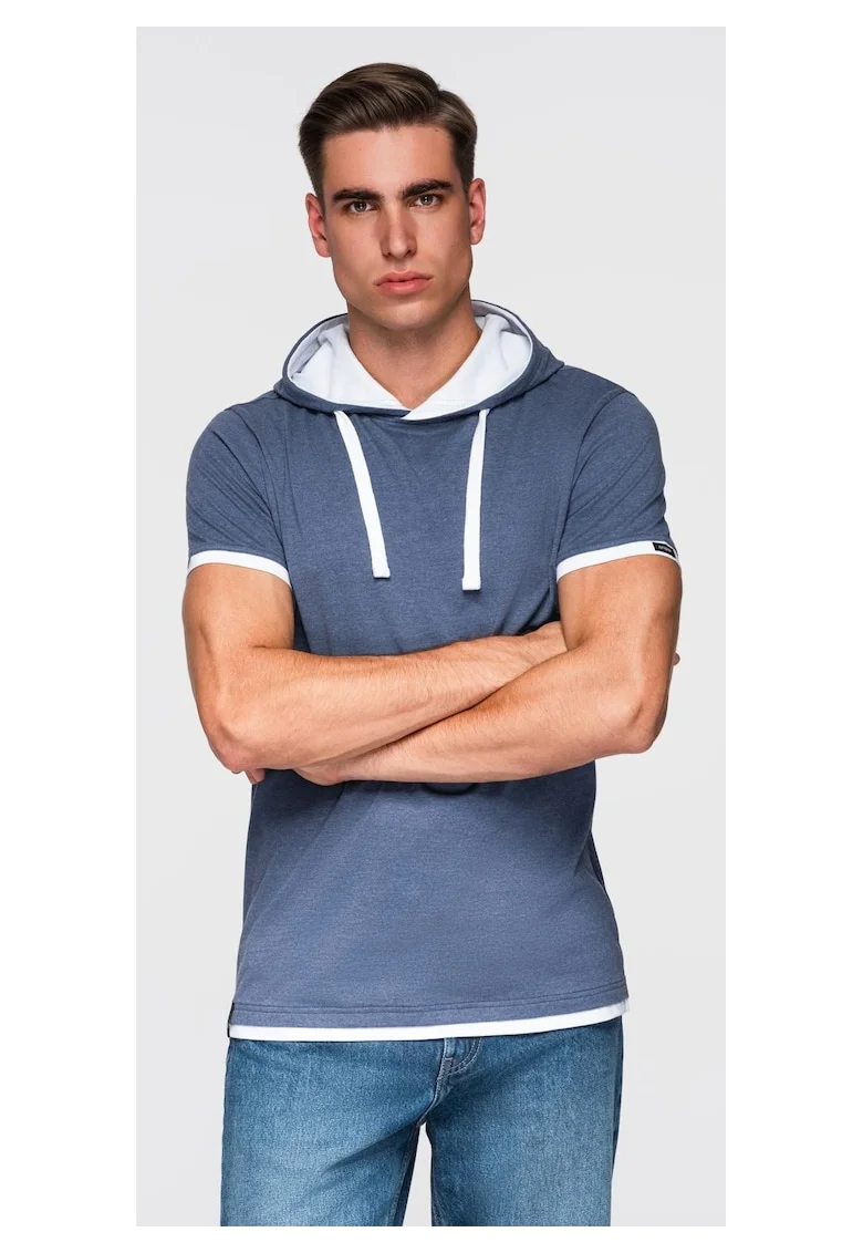 Tricou cu gluga din bumbac  OM-TSCT-0256, Albastru inchis