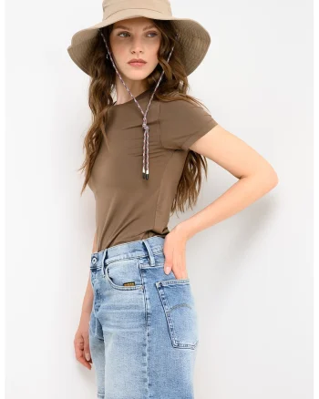 Tricou din amestec de modal cu decolteu la baza gatului, Maro