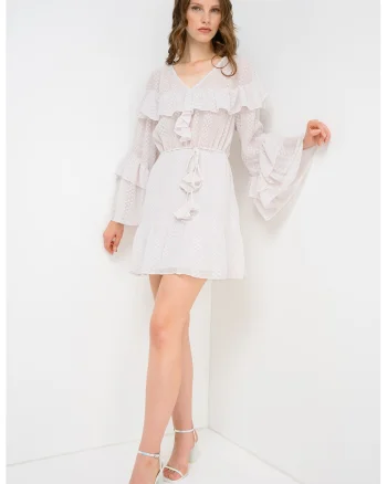 Rochie mini cu volane si canafi, Alb murdar