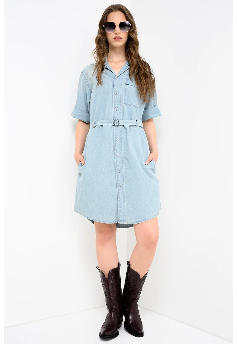 Rochie-camasa din material chambray cu o curea in talie, Albastru deschis