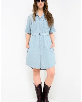 Rochie-camasa din material chambray cu o curea in talie, Albastru deschis