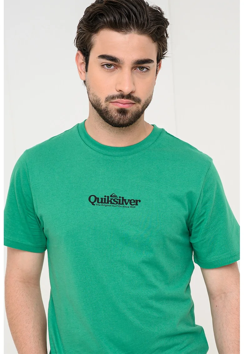Tricou cu imprimeu logo si decolteu la baza gatului Fineline, Verde/Negru