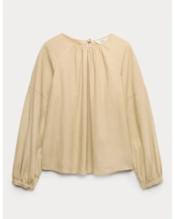 Bluza din amestec de in cu maneci cazute, Bej