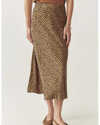 Fusta midi cu croiala pe bie si model buline, Negru/Maro camel