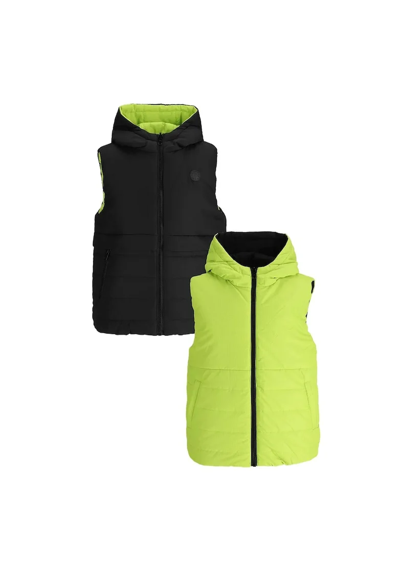 Vesta matlasata reversibila baieti,  poliester, cu gluga, rezistenta la apa, negru/verde lime