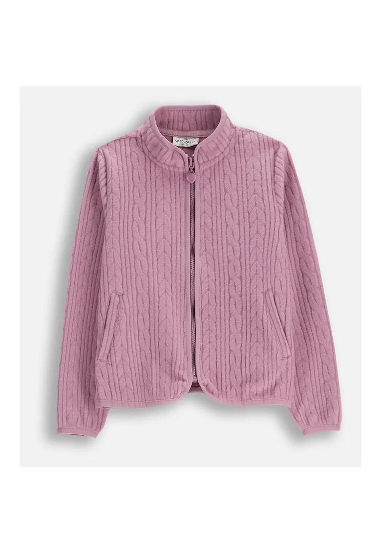 Bluza  pentru fete, mov, tricotaj structural, cu fermoar, maneca lunga, cu buzunare