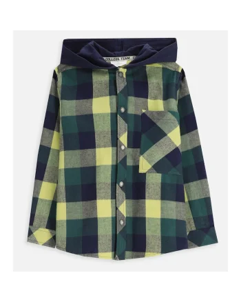 Camasa flanelata  verde, cu gluga, bumbac, pentru baieti 2-7 ani