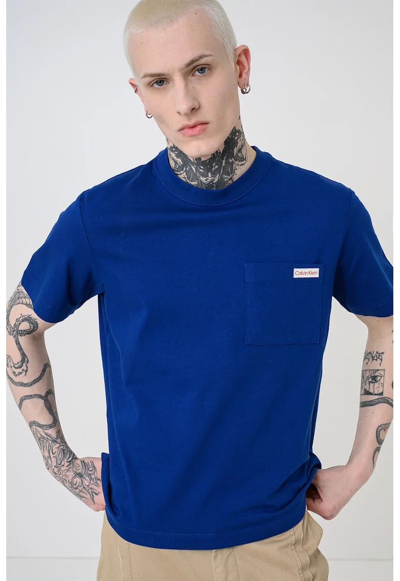 Tricou de bumbac cu buzunar pe piept, Albastru inchis