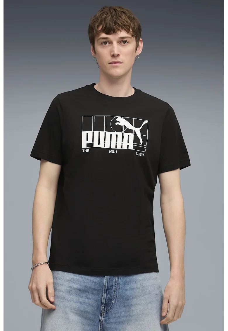 Tricou din amestec de bumbac cu imprimeu logo, Alb/Negru