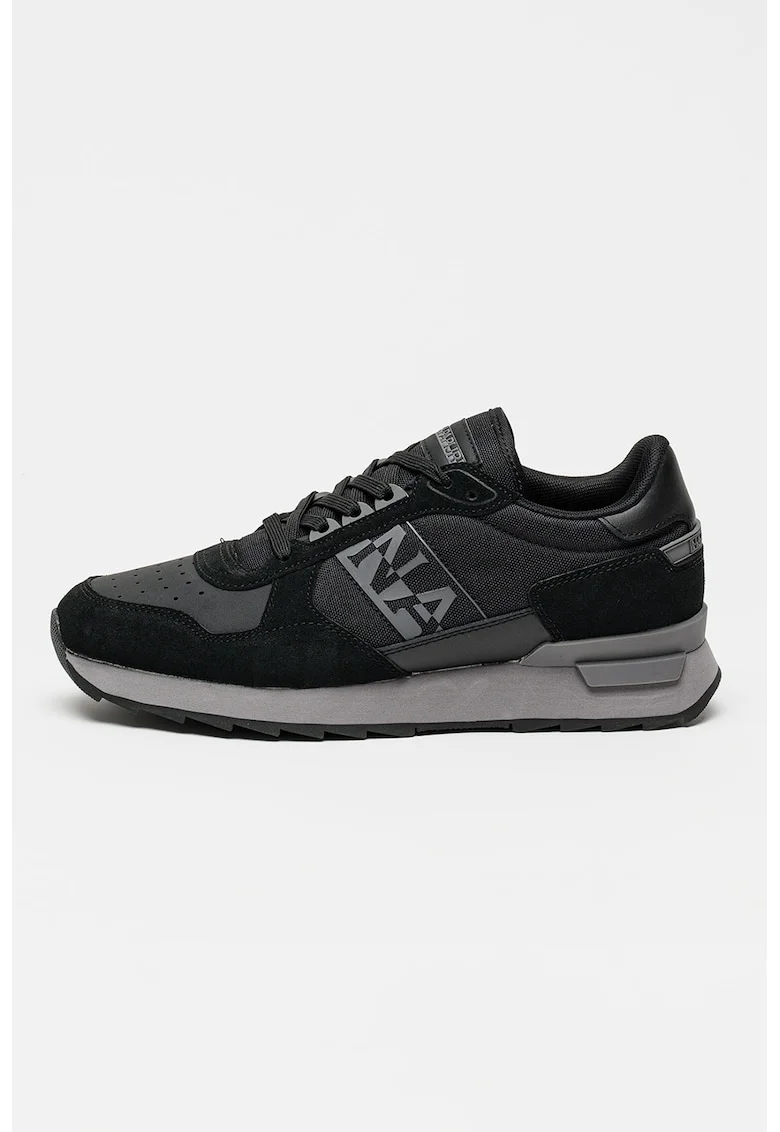 Pantofi sport low-cut cu logo si garnituri de piele intoarsa, Negru/Gri