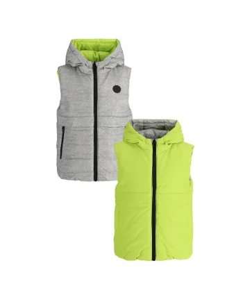 Vesta matlasata reversibila baieti,  poliester, cu gluga, rezistenta la apa, gri/verde