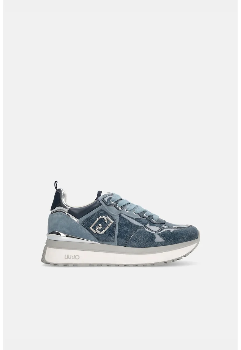 Pantofi sport flatform de piele intoarsa cu garnituri cu aspect de denim, Albastru prafuit