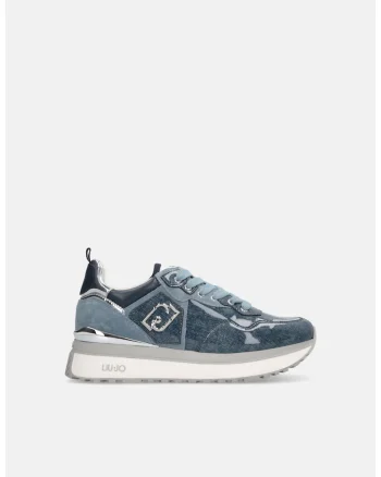 Pantofi sport flatform de piele intoarsa cu garnituri cu aspect de denim, Albastru prafuit