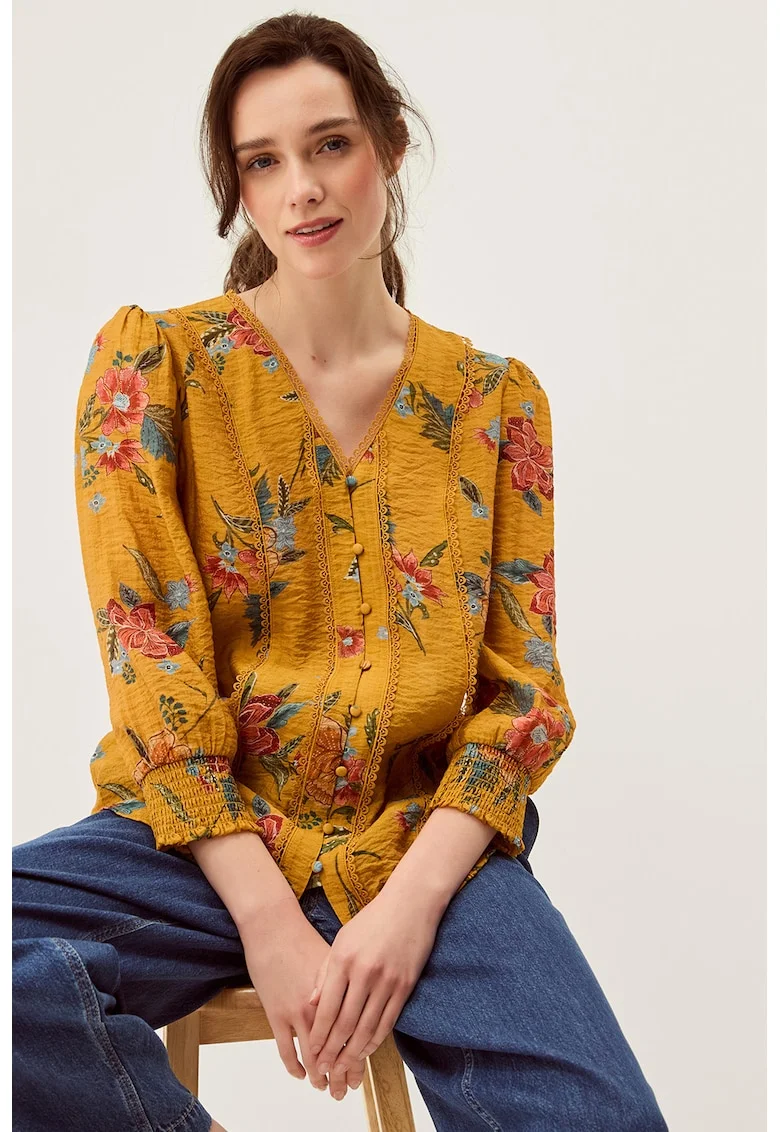 Bluza lejera cu model floral, Verde/Portocaliu/Albastru