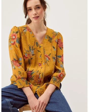Bluza lejera cu model floral, Verde/Portocaliu/Albastru