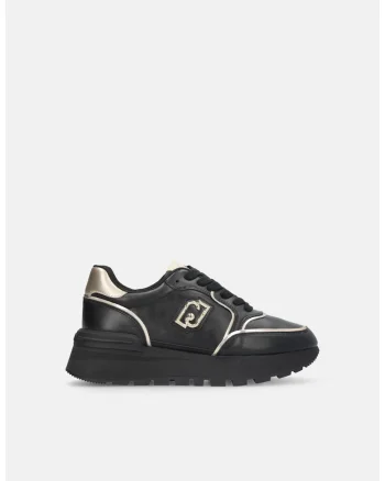 Pantofi sport flatform de piele cu accente metalizate, Auriu/Negru