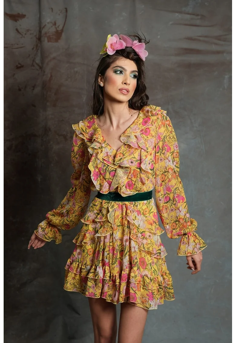 Rochie din amestec de matase cu garnituri cu volane Giulietta, Multicolor