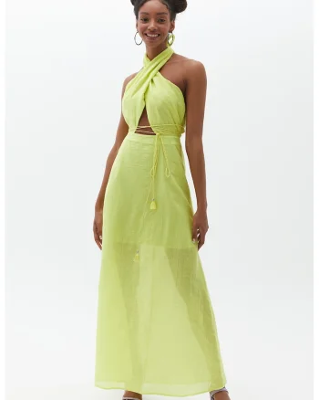 Rochie din bumbac cu bretea halter, Verde fistic