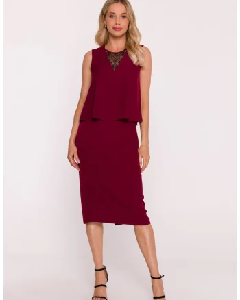 Rochie eleganta cu top dublu si insertie de dantela - burgundy