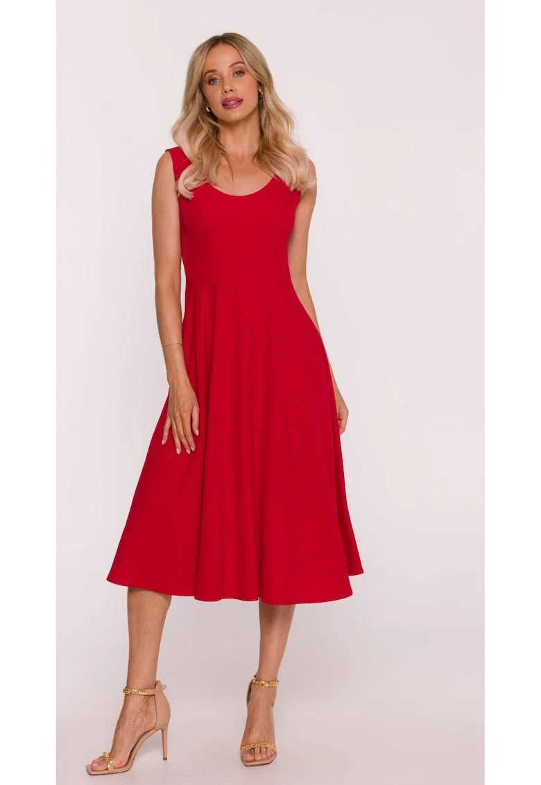 Rochie midi evazata fara maneci - rosu, Rosu