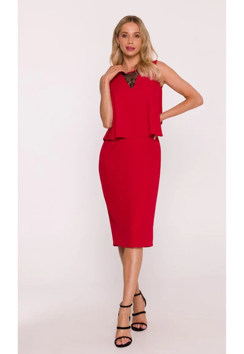 Rochie eleganta cu top dublu si insertie de dantela - rosu, Rosu