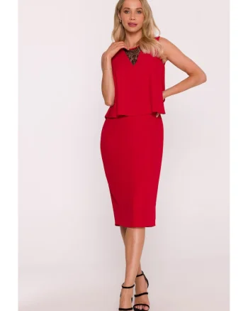 Rochie eleganta cu top dublu si insertie de dantela - rosu, Rosu