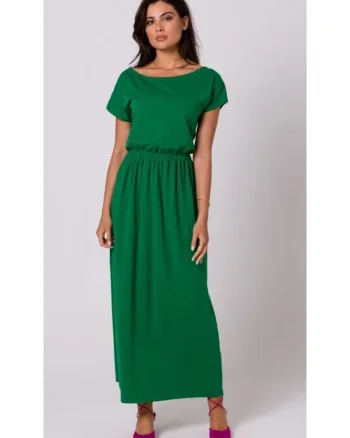 Rochie maxi evazata cu decolteu si talie elastica - verde luxuriant, Verde