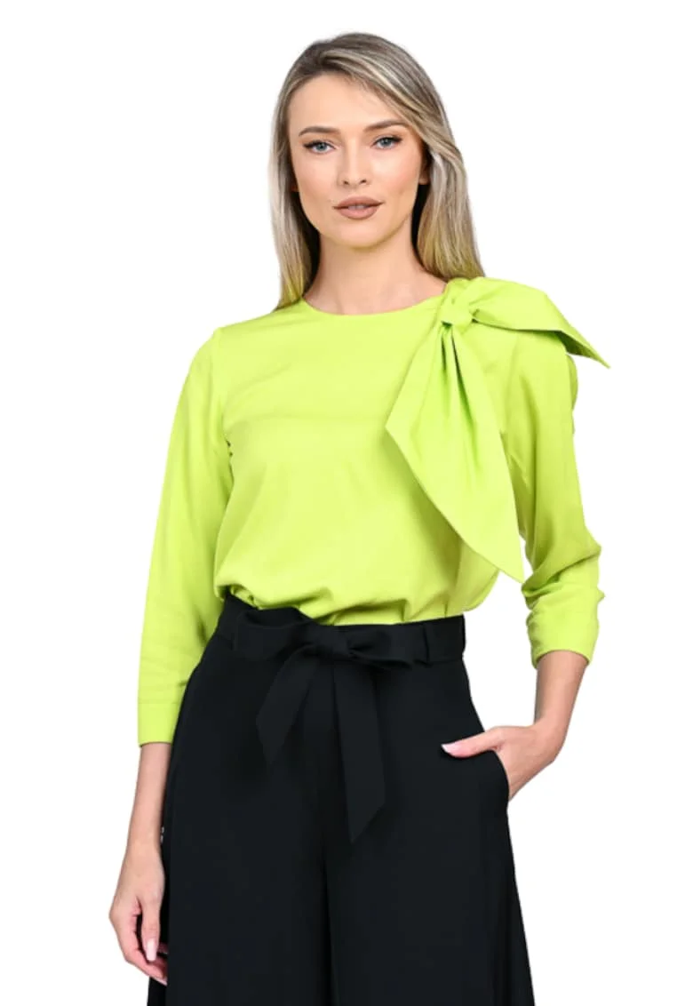 Bluza cu funda decorativa si maneci trei sferturi Stella, Verde deschis