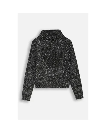 Pulover tricotat  pentru fete, guler inalt, maneci bufante, negru, poliester