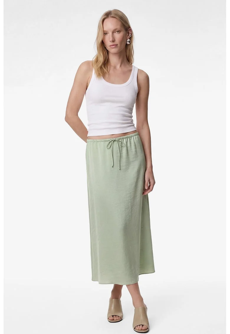 Fusta cu aspect de satin si snur in talie, Verde pal