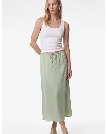 Fusta cu aspect de satin si snur in talie, Verde pal