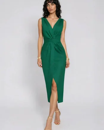 Rochie cocktail midi cu drapaje ALAYA, Verde padure