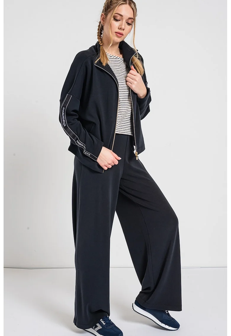 Bluza de trening din amestec de modal cu fermoar si benzi logo, Negru