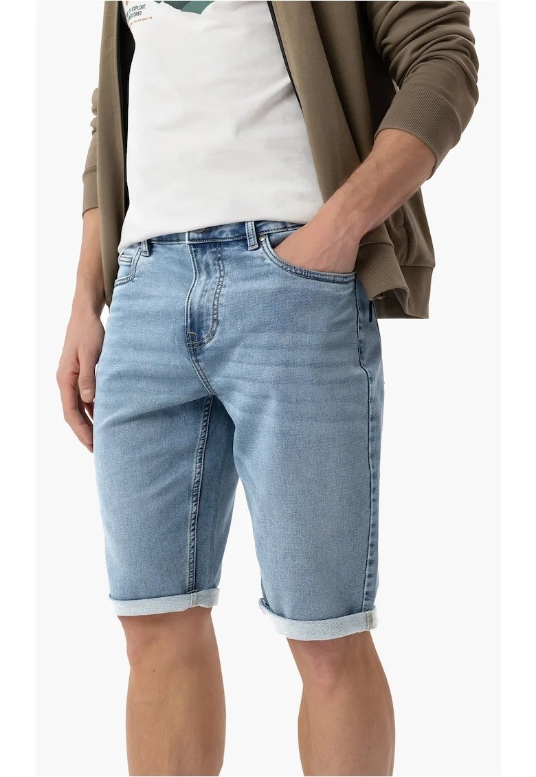 Blugi scurti cu mansete plisate, buzunare, Regular Fit, stone wash,  E-Mext, albastru, Albastru