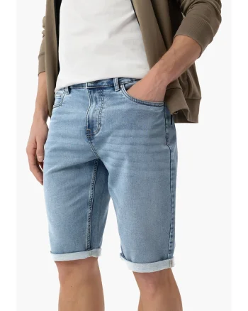 Blugi scurti cu mansete plisate, buzunare, Regular Fit, stone wash,  E-Mext, albastru, Albastru