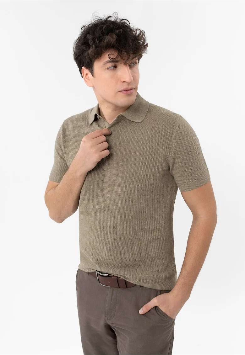 Tricou polo barbati din bumbac, tricotat,  O-Lizar, bej melange, Bej melange
