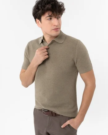 Tricou polo barbati din bumbac, tricotat,  O-Lizar, bej melange, Bej melange