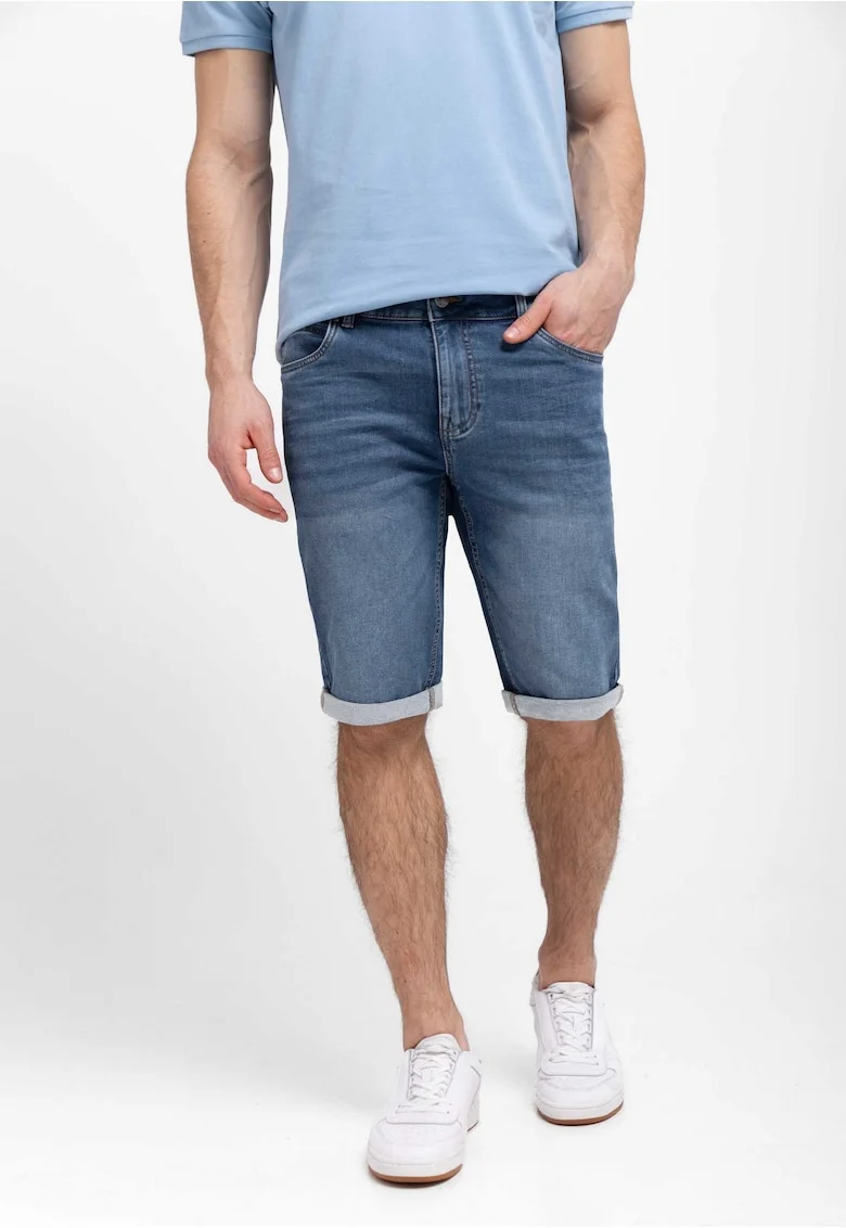 Blugi scurti cu mansete plisate, buzunare, Regular Fit, stone wash,  E-Mext, albastru inchis, Albastru inchis