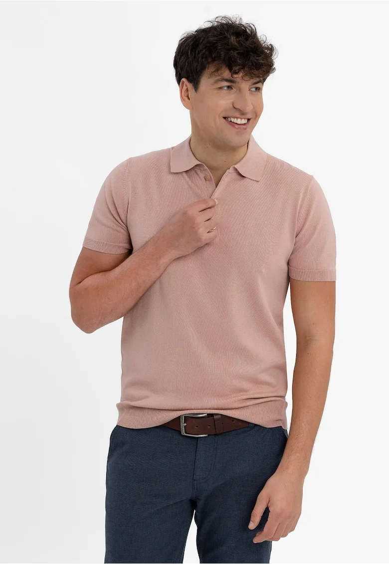 Tricou polo barbati, tricotat, cu mansete,  O-Moro, piersica, Piersica