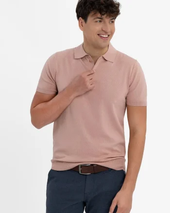 Tricou polo barbati, tricotat, cu mansete,  O-Moro, piersica, Piersica